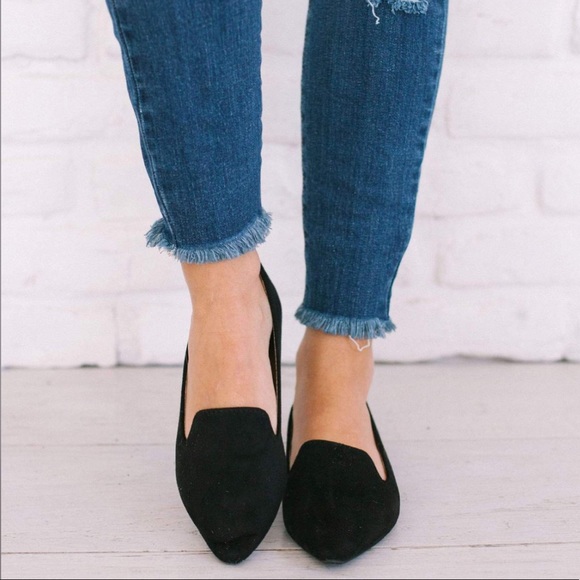 Black Pointy Suede Flats - Picture 2 of 6